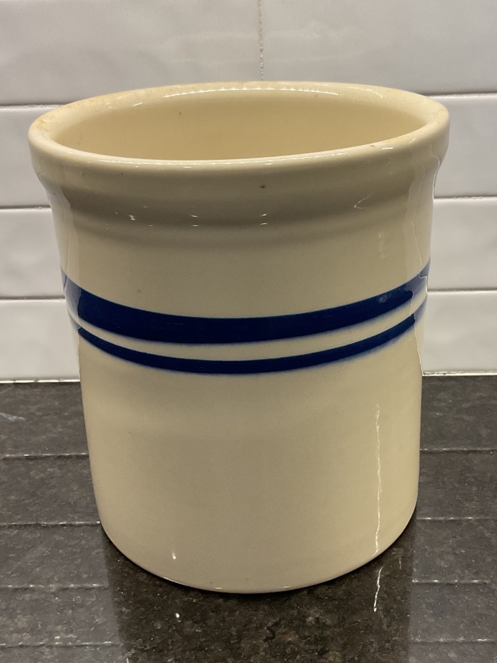 Pottery Crock Blue Stripe 2 Quart Utensil Holder